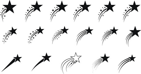 Shooting Star Silhouette Icon Collection Featuring Curved Trails, Sparkles, Dotted Patterns, and Celestial Designs for Graphic and UI Use