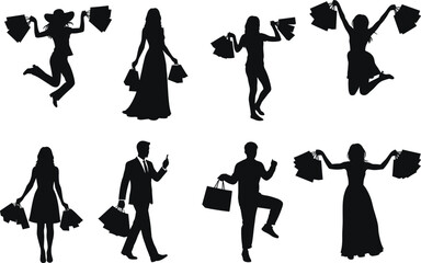 Shopping Silhouette Collection Featuring Men and Women in Joyful, Dynamic Poses with Bags for Retail, Fashion, and Lifestyle Design Use
