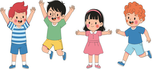  Joyful and Diverse Group of Kids Jumping, Playing, and Running Together with Arms Raised, Symbolizing Friendship, Happiness, Childhood Fun, and School Activities Vector Illustration.