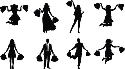 Shopping Silhouette Collection Featuring Joyful Poses, Jumping Figures, and Expressive Gestures for Retail, Lifestyle, and Promotional Design Use