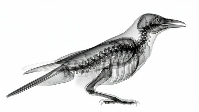 X ray style bird skeleton displaying detailed bone structure and organ silhouettes featuring wings, spine, ribs, beak, claws dynamic pose with open beak and visible spine ribs wings and claws black