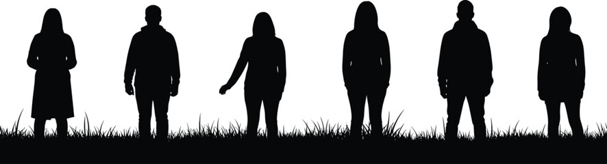 Silhouetted people, standing figures, black silhouettes, diverse postures, fashion outlines, unity concept, identity theme, grassy surface, artistic design, vector illustration
