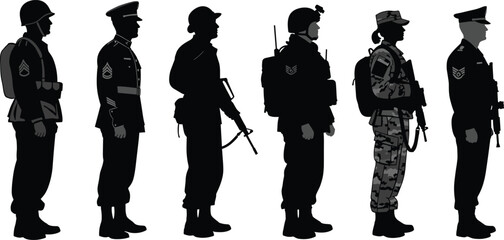 Military silhouette illustrations, soldier uniform evolution, armed forces icons, historical gear timeline, black vector design, minimal tribute pack