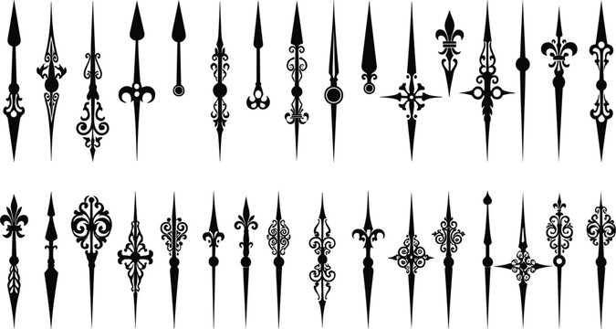 Collection of decorative spear and ornamental fence spike vector designs featuring vintage wrought iron motifs and elegant pointed elements