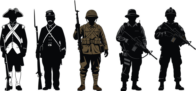 Soldier silhouette illustrations, military history icons, uniform evolution, weapon timeline, black vector design, historical combat gear, minimal style