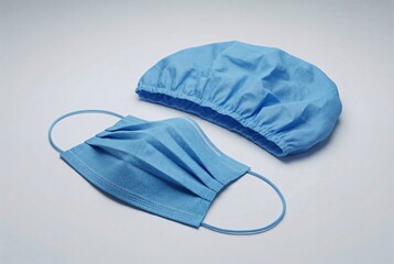 Professional studio photograph of a blue surgical face mask and matching bouffant cap on a white surface, emphasizing hygiene and safety protocols.