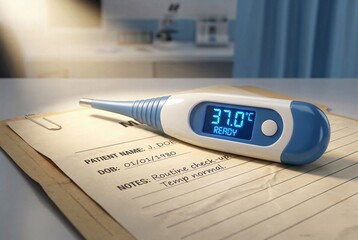 Digital thermometer displays a normal body temperature of 37.0°C on a patient's chart during a routine check-up in a professional clinic setting.