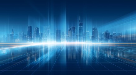 Futuristic cityscape with glowing skyscrapers and reflective surface under blue neon lighting