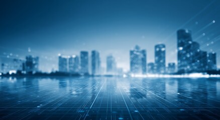 Futuristic city skyline at night with digital grid overlay and reflective water surface