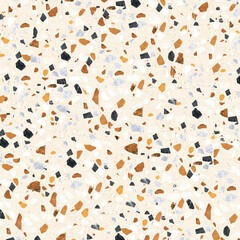 This design features a seamless terrazzo pattern with scattered stone chips in warm earthy tones, including brown, orange, black, white, and soft gray