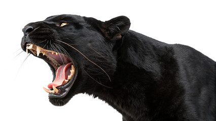 Fierce black panther roaring and displaying sharp teeth cut out on PNG. AI GENERATED.
