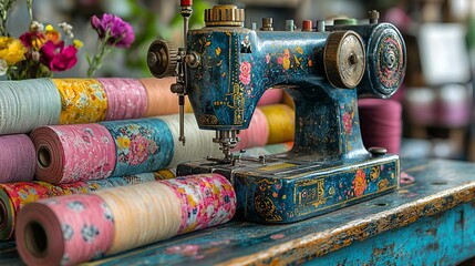 Vintage sewing machine with colorful fabric rolls.