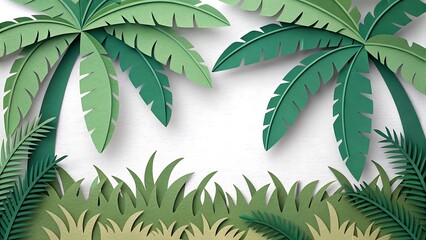 Summer background with layered paper craft tropical plants and copy space