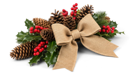 Christmas wreath with pine cones, holly berries, and a burlap bow on a png transparent