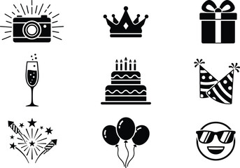 Birthday celebration icons set featuring cake, crown, gift, camera, champagne, party hats, fireworks, balloons, smiling emoji graphics