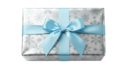 A wrapped gift box with a blue ribbon and snowflake pattern on a png transparent
