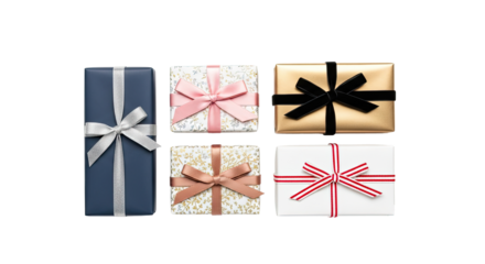 Six wrapped presents with ribbons on a png transparent