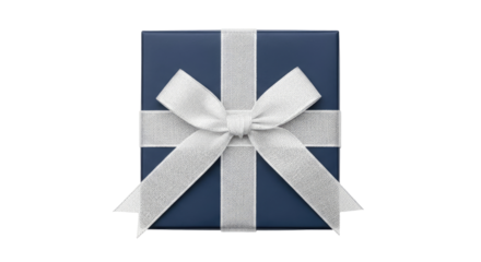 A blue gift box with a silver ribbon and bow on a png transparent