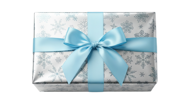 A wrapped gift box with a blue ribbon and snowflake pattern on a png transparent - Powered by Adobe