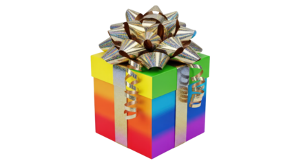 A colorful gift box with a rainbow ribbon and bow on a png transparent