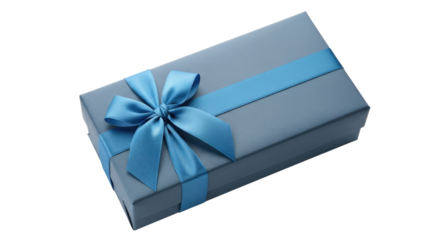A blue gift box with a blue ribbon and a blue bow on a png transparent