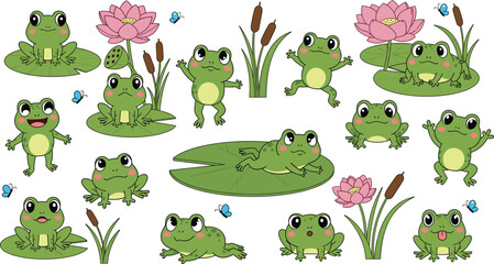 Cute cartoon frog vector collection with lily pads, lotus flowers, cattails, and playful amphibian characters in various poses