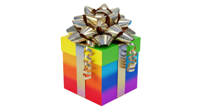 A colorful gift box with a rainbow ribbon and bow on a png transparent - Powered by Adobe
