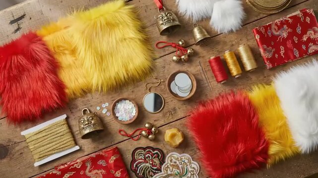 Vibrant collection of decorative crafting materials displayed on wooden surface, showcasing colorful fabrics, threads, and embellishments, with camera zooming in to highlight intricate details and tex