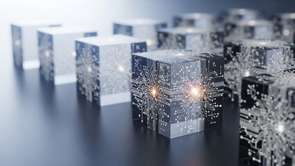 Innovation mapping cubes arranged precisely with macro foreground detail and bright softly blurred background