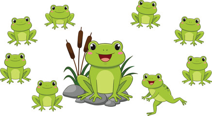 Obraz premium Cute frog vector set featuring happy cartoon frogs sitting, smiling, jumping and posing around pond plants and rocks