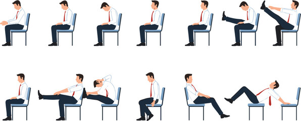 Office chair workout exercise vector set showing businessman performing stretching, fitness, mobility and desk exercises in seated poses