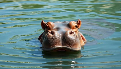 Fototapeta premium A playful hippopotamus submerged in cool water, with only its eyes and snout visible, looking amused, snout, exotic