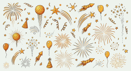 Festive fireworks, confetti, balloons, and party hats celebrating a special occasion
