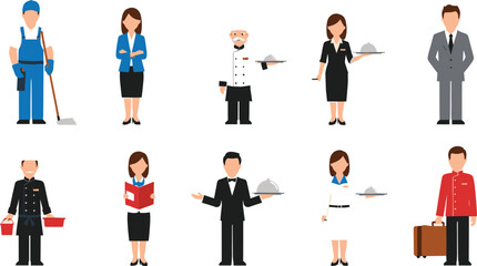 Vector illustration collection of hotel staff and service professionals including cleaners, chefs, waiters, receptionists, and business workers