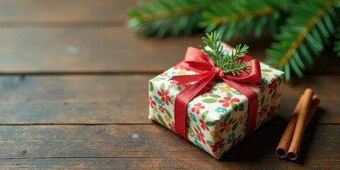 A charming floral gift box adorned with a festive red ribbon and evergreen sprig rests on a rustic wooden surface, accompanied by aromatic cinnamon sticks.