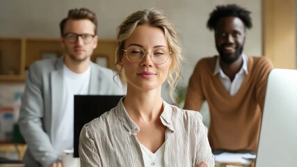 Unified Vision: A collaborative business team radiates confidence, their expressions reflecting a shared dedication and optimism in a modern workplace setting.