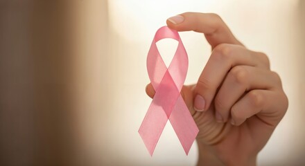Female hand holding a pink ribbon, symbolizing breast cancer awareness, support, and hope for a cure