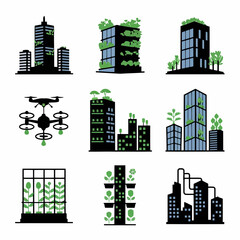 Fototapeta premium Modern city buildings with green plants and drone illustration set