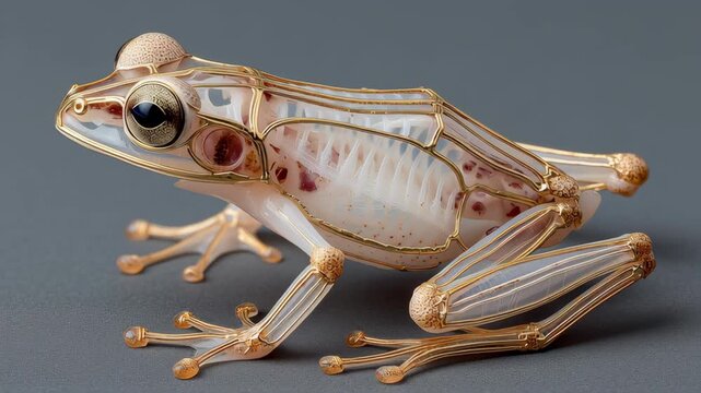 Small frog skeleton with subtle gold edge lighting showcasing translucent bones and delicate details in realistic artistic style, detailed amphibian anatomy with elegant artistic representation