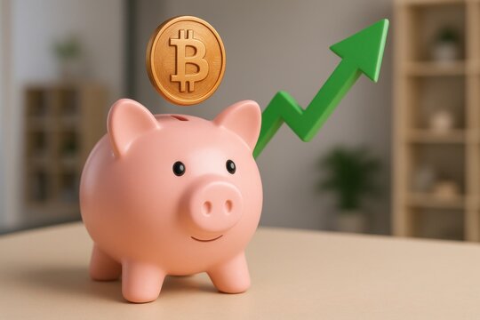 Piggy Bank and Bitcoin: Symbolizing financial growth and the digital revolution, a charming piggy bank is accompanied by a shining Bitcoin. - Powered by Adobe