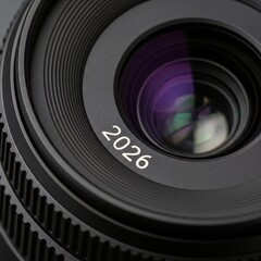 A close up of a camera lens. The lens is black with the number 2026 printed on it in white.