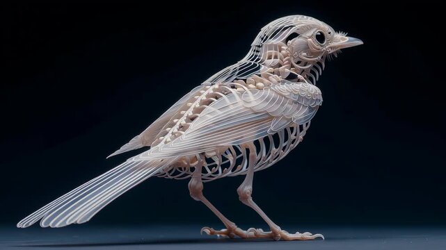 Bird skeleton with detailed bone structure and delicate feather outlines, precise studio lighting highlights intricate wing and talon anatomy, showcasing tiny bird skeletal system and posture