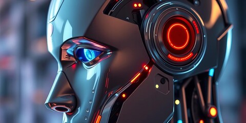 Close-up of a sleek, metallic robot head processing data; internal circuitry glows,  display,  futuristic
