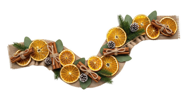 A festive Christmas wreath with dried oranges, cinnamon sticks, and pine cones on a burlap background. - Powered by Adobe