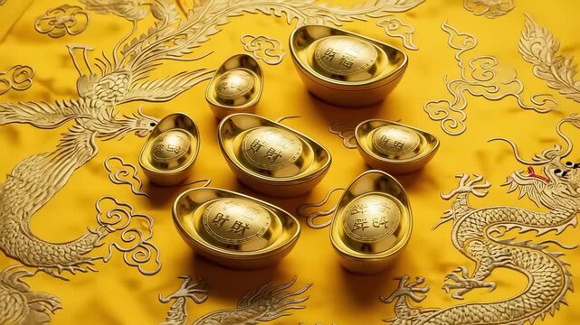 Golden ingots arranged artistically on vibrant yellow silk fabric with intricate dragon and phoenix embroidery, showcasing the elegance of traditional craftsmanship, camera pans across the scene