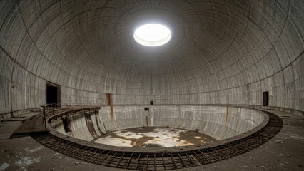 Abandoned Reactor Dome Monumental Concrete Interior with Circular Ceiling Light and Fisheye Perspective