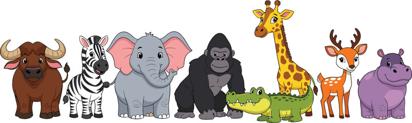 Large Vector Collection of Cute Cartoon Safari and Jungle Animals, Including Elephant, Zebra, Giraffe, Gorilla, and Hippo for Children's Design