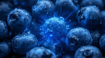Macro view of ripe blueberries covered in fresh dew fruit display ads photography background wallpaper