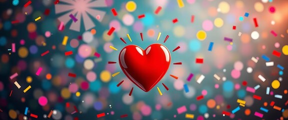 Whimsical heart icon with confetti bursts and playful colors, graphic, fun