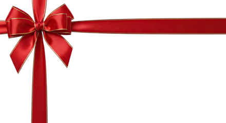 A red ribbon with a gold border wrapped around a red bow on a png transparent